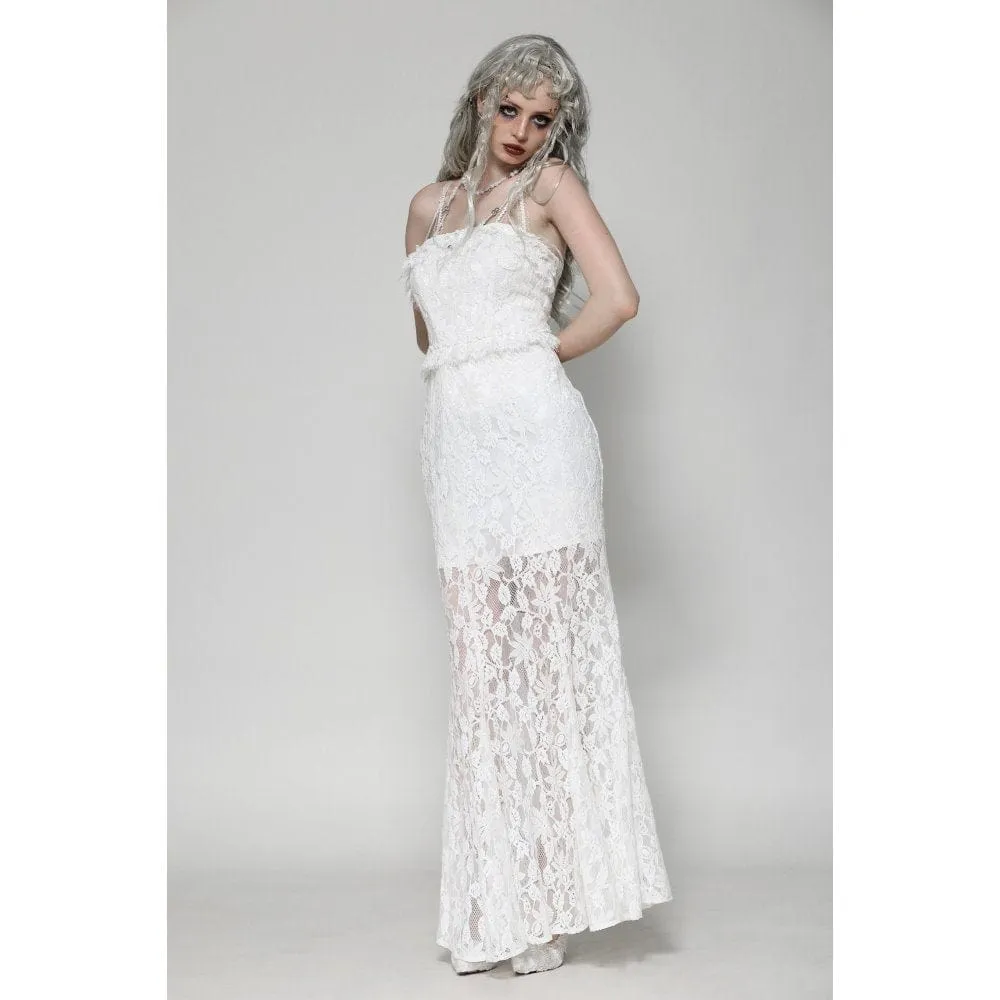 Women's Gothic Pleated Lace Slip Dress White
