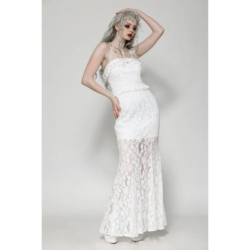 Women's Gothic Pleated Lace Slip Dress White