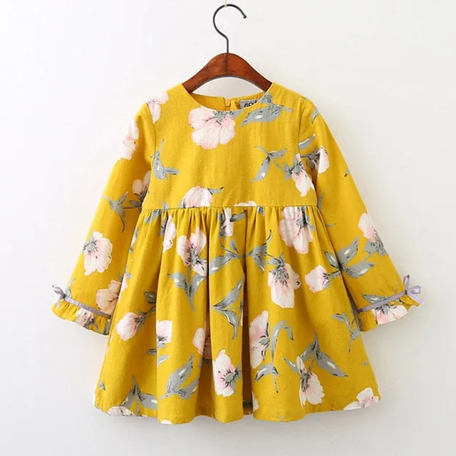 Yellow Cotton Floral Dress, Size 3-7Yrs
