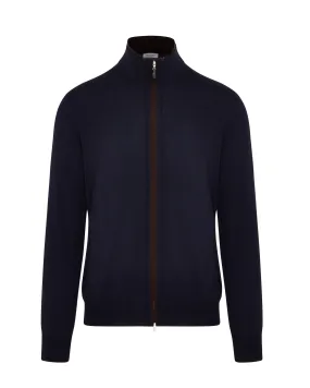 Zattura Full Zip Button & Zip Detail Knitted Jumper (Navy & Brown/Charcoal Trim)